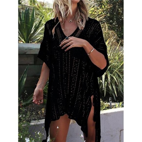 Black Knit Crochet Bikini Swimsuit Coverup Dress Short Sleeve Swim Beach Dress‎ - Picture 1 of 4